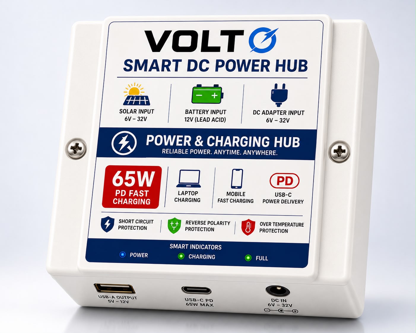 VOLTO Smart DC 65W Charger — Charge Laptop & Mobile via Solar or Battery