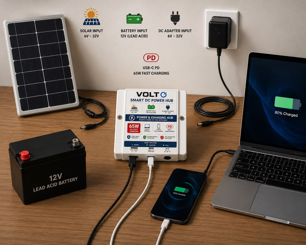 VOLTO Smart DC 65W Charger — Charge Laptop & Mobile via Solar or Battery - VOLTOVOLTO Smart DC 65W Charger — Charge Laptop & Mobile via Solar or BatteryDC ChargerVOLTO Smart DC 65W Charger — Charge Laptop & Mobile via Solar or Battery